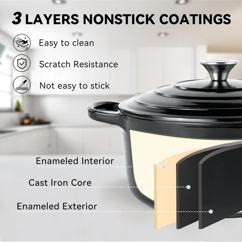 Miniatura 5 de Miereirl Olla Holandesa Esmaltada de 6 Cuartos con Tapa, Horno Holandés de Hierro Fundido con Asas Dobles para Hornear Pan, Cocinar, Utensilios