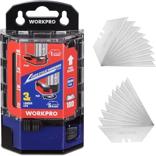 Miniatura 10 de WORKPRO Cuchillas para cuchillos utilitarios, paquete de 100 cuchillas de repuesto con dispensador, acero al carbono SK5, cinta rosa