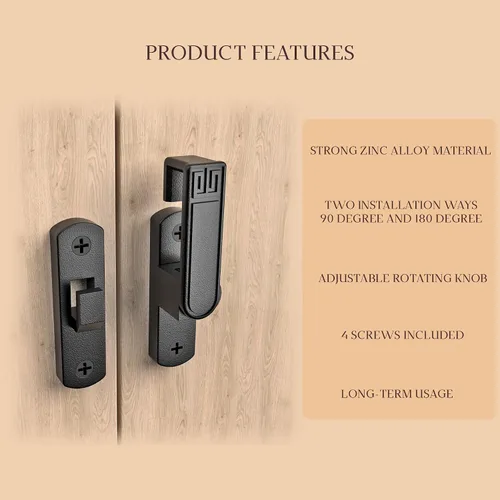 Miniatura 4 de Pestillo deslizante para puerta de granero de 90/180 grados, perilla ajustable, cerradura de seguridad para el hogar, baño, garaje, dormitorio, Negro