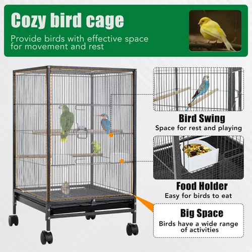 Miniatura 2 de BestPet Jaula de hierro forjado de 35 pulgadas con parte superior abierta y soporte rodante, jaula grande para loros, jaulas para periquitos