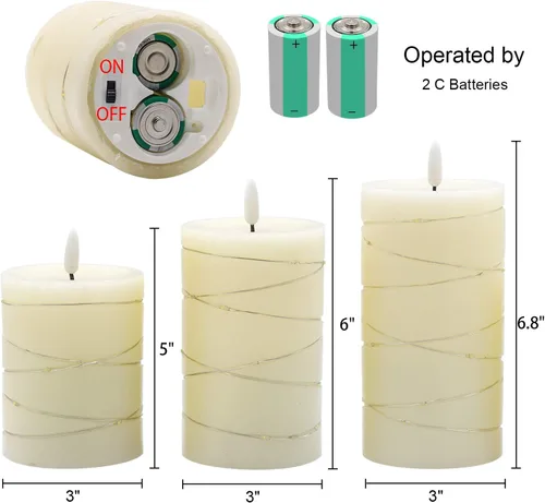 Miniatura 2 de Velas sin llama parpadeantes con luz de cadena y temporizador remoto, juego de 3 velas de columna operadas con baterías, cera real, mecha 3D, luz