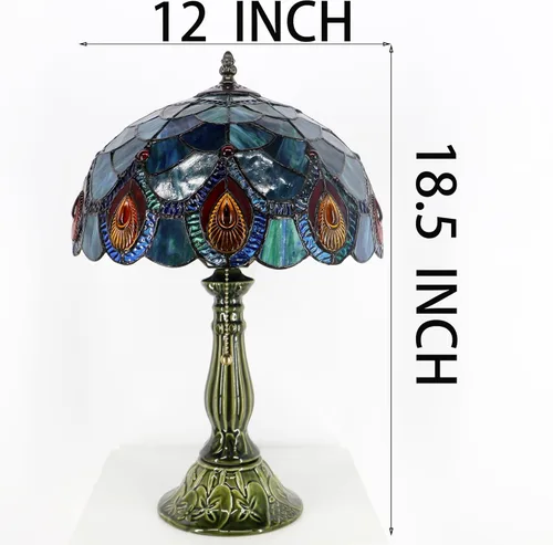 Miniatura 3 de Tiffany Lamp Stained Glass Table Lamps Sea Blue Peacock Tail Style Desk Lamp 12X12X18.5 Inch Bronze Ceramic Base Reading Light Suitable for Bedside