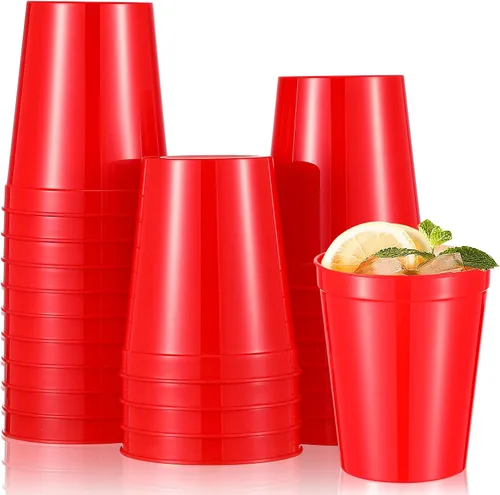 Miniatura 9 de Mifoci 24 vasos de plástico para estadios en blanco, reutilizables, apilables, para fiestas de cumpleaños, bodas, Mardi Gras (16 onzas, negro)