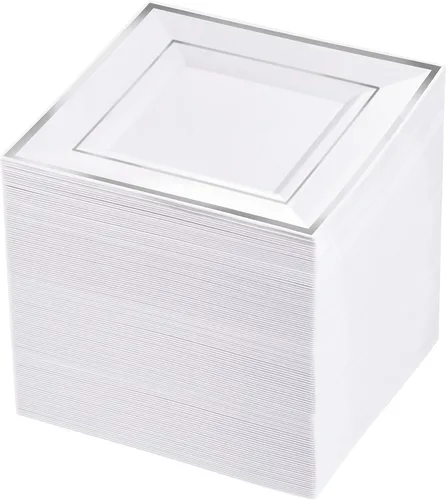 Miniatura 10 de bUCLA 100 platos cuadrados negros de plástico con borde dorado – Platos desechables de postre/aperitivo / pequeños pasteles de 6 pulgadas para Negro