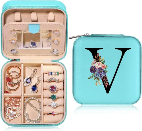 Parima Organizador de joyas de viaje para mujer, joyero azul, organizador de joyas de viaje, organizador de collares, aretes, organizador de