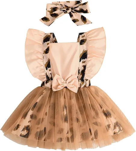 Conjunto de 2 piezas de vestido de malla con estampado de leopardo, manga con volantes, falda con lazo y diadema, para niñas pequeñas