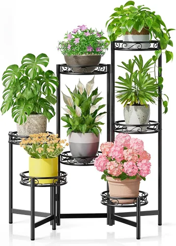 Soporte de metal para plantas de 7 niveles, estante alto de hierro forjado para plantas para interiores, exteriores, soporte plegable alto para