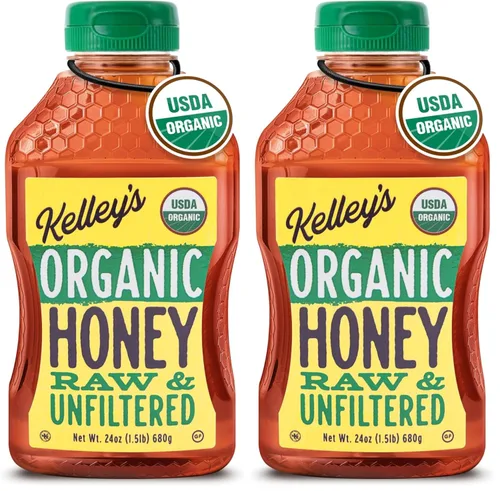 Kelley's Miel cruda 100% orgánica y sin filtrar, certificado USDA, botella exprimible de 24 onzas – Miel natural rica en sabor para frutas, yogur,