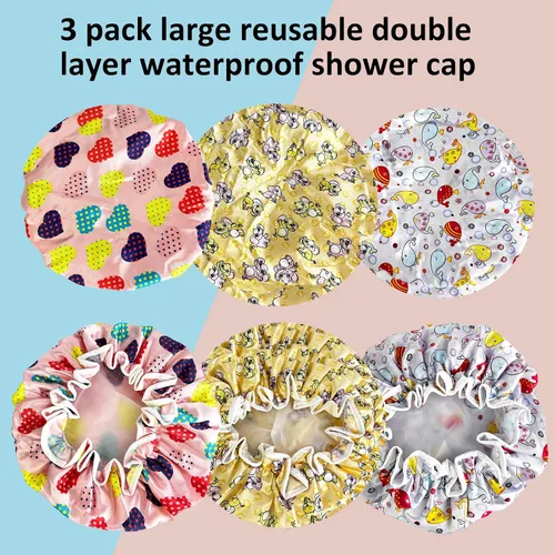 Miniatura 2 de Gorro de ducha para niños, paquete de 3 gorros de ducha grandes, reutilizables, de doble capa, impermeables, de plástico lavable, gorro de ducha