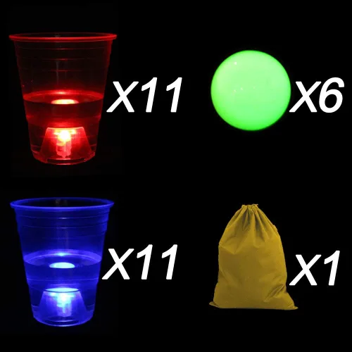 Miniatura 6 de Ahuimeius The Dark Beer Pong - Juego de vasos de cerveza LED con bolas que brillan en la oscuridad, 22 tazas, 22 luces LED (11 rojas, 11 azules), 6