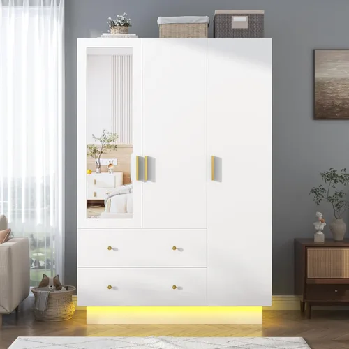 Armario de 3 puertas con espejo, armario LED con puertas y cajones, armario de almacenamiento de madera con barra para colgar, estantes ajustables,