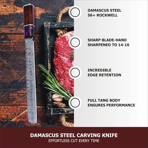 Miniatura 3 de Cuchillo de chef de Damasco hecho a mano de 14 pulgadas, cuchillo de pechuga y tallado con hoja de espiga completa y mango de madera, cuchillo