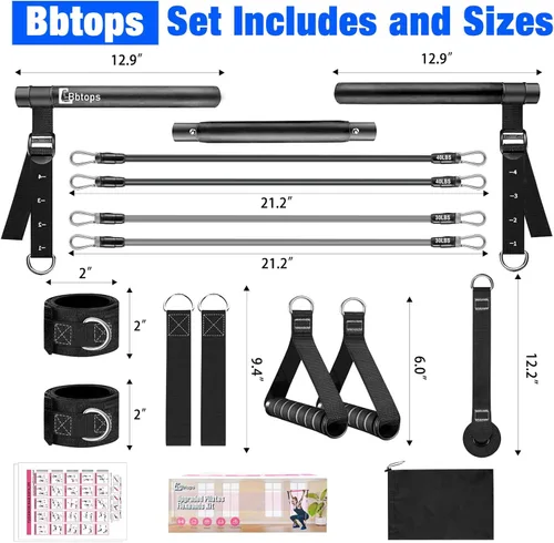 Miniatura 6 de Kit de barra de pilates Bbtops con bandas de resistencia, barra de pilates con bandas apilables, equipo de entrenamiento para piernas, cadera, Negro