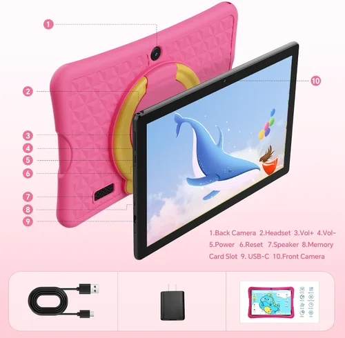 Miniatura 5 de DigiLand Tablet infantil de 10.1 pulgadas, tableta Android 15 para niños, 6G+32GB hasta 128GB, batería de 6000mAh, cámara dual, WiFi, BT 5.0, el Rosa