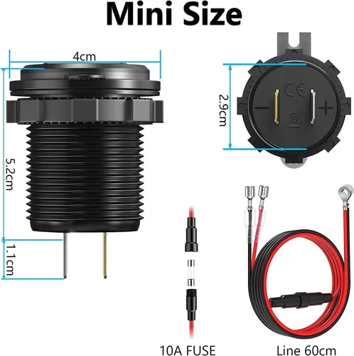 Miniatura 6 de Paquete de 2 salidas USB de 12 V, carga rápida dual 3.0, cargador de aluminio impermeable con voltímetro LED e interruptor de alimentación