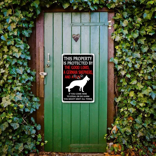Miniatura 5 de Letrero de Metal Cuidado con el Perro - Letreros de Advertencia Divertidos para Propiedad Protegida por Pastores Alemanes - Letrero de Hojalata
