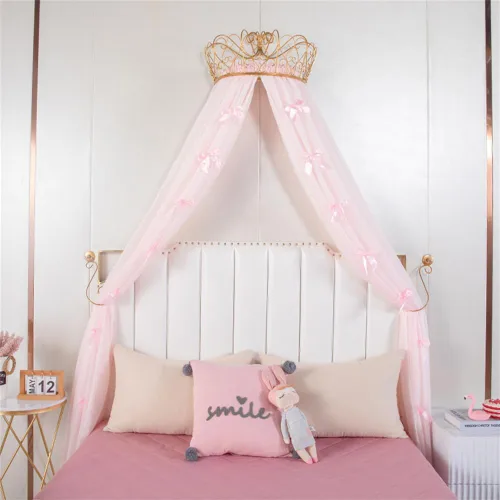 Miniatura 3 de Lotus Karen - Toldo de princesa para cama de niñas, cortina de cama de gasa con decoración de corona metálica, lazos rosas bonitos para ropa de cama