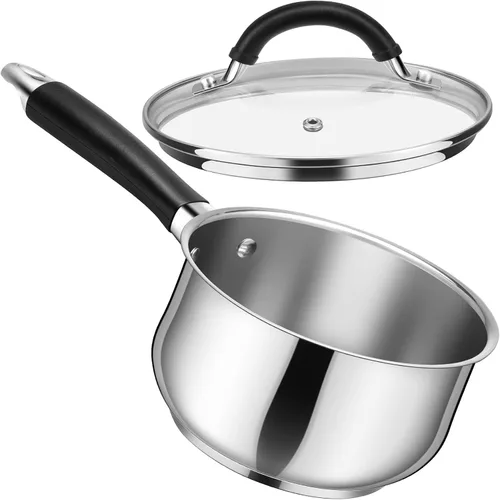 Miniatura 9 de P&P CHEF - Cacerola de acero inoxidable de 1 cuarto de galón con tapa, pequeña olla de leche para cocina multiusos, tapa de vidrio visible y asa