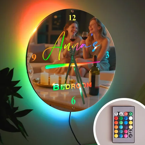 Espejo Reloj con Nombre Personalizado, Espejos Iluminados, Luz LED, Espejo de Decoración de Pared de Dormitorio de Forma Redonda con Luz Nocturna de