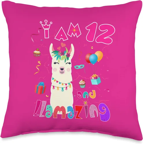 Llama 12th Birthday Girl & Gifts I Am 12 Years Old and Llamazing Llama - Almohada de 12 cumpleaños para niña, 16 x 16 pulgadas, multicolor