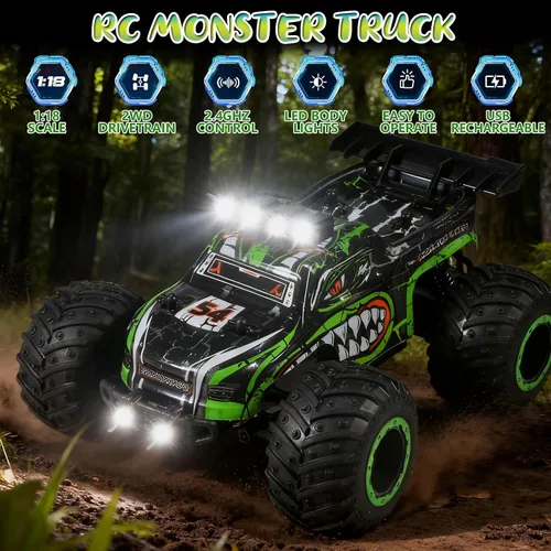Miniatura 3 de Camión monstruo con control remoto para niños: coche RC todoterreno con faros y luces en el cuerpo, 1:18, 20 km/h, tracción a 2 ruedas, 2.4 GHz