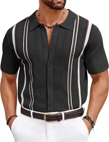 COOFANDY Camisas de punto para hombre, camisas casuales de manga corta con botones, camisas de verano para la playa con cuello elástico