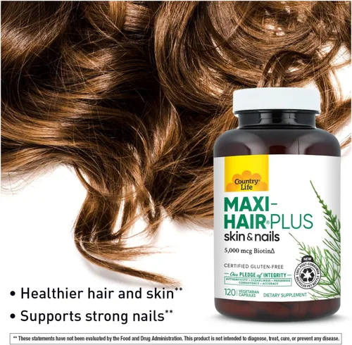 Miniatura 6 de Country Life, Maxi-Hair Plus Biotina, apoya la salud del cabello, la piel y las uñas, suplemento diario, 120