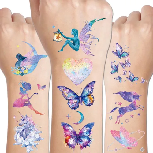 CHARLENT 110 estilos de tatuajes temporales con purpurina para niñas y mujeres – 12 hojas de purpurina de ensueño mariposa luna hada sirena tatuajes