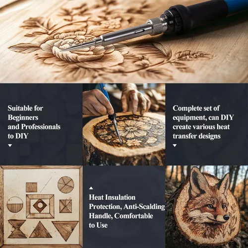 Miniatura 6 de Kit de quemado de madera, 113 piezas, herramienta profesional para quemar madera, temperatura ajustable, juego de herramientas con soldador