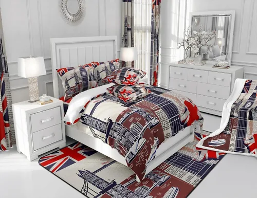 Miniatura 6 de Manfei Juego de sábanas infantiles de Londres, tamaño individual, con estampado de autobús Big Ben, para niños, diseño de mapa de bandera británica