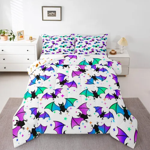 Miniatura 10 de Erosebridal Juego de ropa de cama de murciélago de Halloween, tamaño individual, juego de edredón de estrellas con purpurina y galaxia para niños