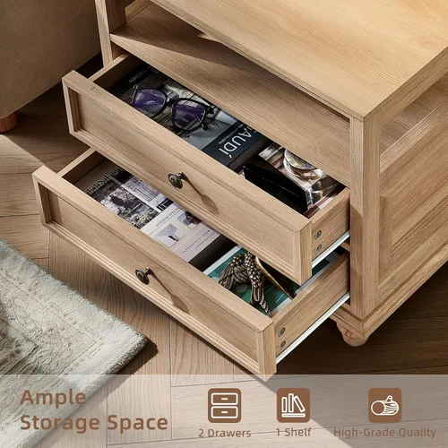 Miniatura 4 de Joaxswe Mesita de noche estilo granja con estación de carga, mesa auxiliar de 61 cm de ancho con 2 cajones, cómoda natural para dormitorio, cómoda