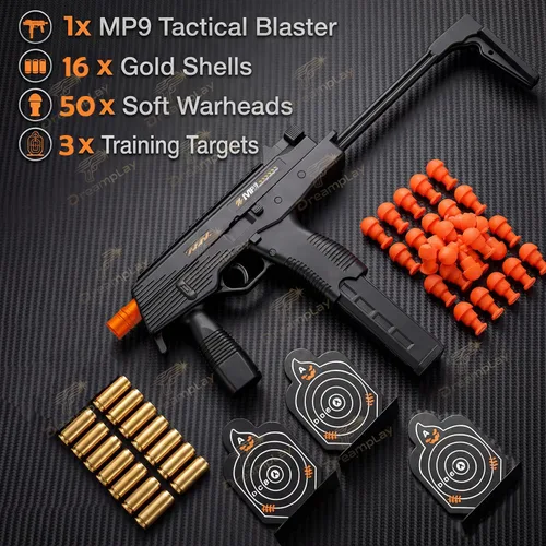 Miniatura 8 de Dreamplay Pistola de juguete MP9, pistola de juguete de expulsión automática realista con placa de anillo, juegos de disparos de acción