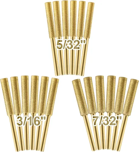 18 puntas de afilador de motosierra chapadas en titanio de alta dureza para cadena, incluyendo 5/32 pulgadas x 6, 3/16 pulgadas x 6, 7/32 pulgadas x