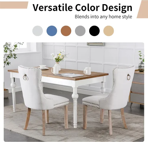 Miniatura 6 de Juego de 2 sillas de comedor modernas, sillas de comedor tapizadas acolchadas con patas de madera maciza, silla de cocina de tela de lino beige
