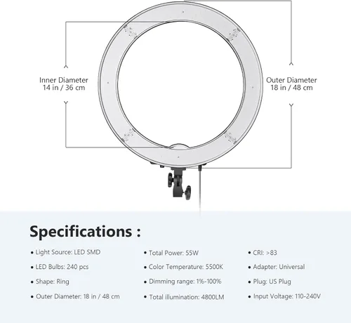 Miniatura 2 de Neewer Anillo de luz de 18 pulgadas, 55 W regulable 5500K luz con 240 LED filtro de color, tubo suave y bolsa de transporte para YouTube, TikTok