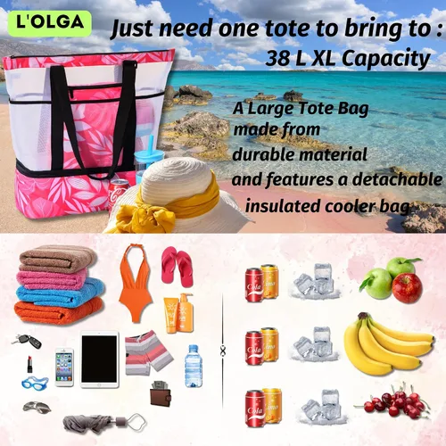 Miniatura 16 de L'OLGA Bolsa grande de malla con enfriador aislado desmontable, bolsa de fin de semana de playa