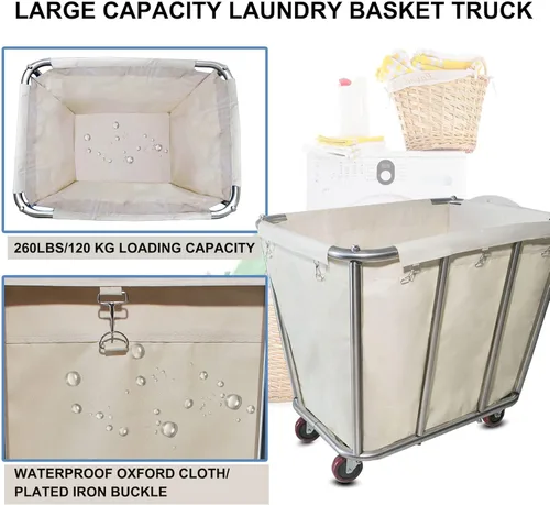 Miniatura 4 de Carrito de lavandería de 10 bushel con ruedas, resistente, industrial, para el hogar, color beige, grande, cesta de lavandería, cesta de servicio