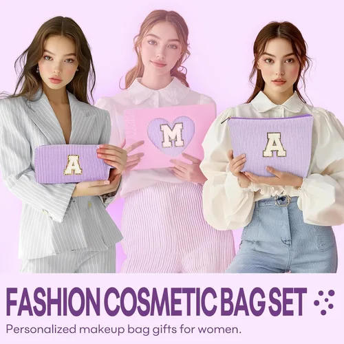 Miniatura 2 de 2 bolsas de maquillaje con iniciales para mujeres: bolsa de cosméticos para artículos de tocador de viaje, regalos de cumpleaños para niñas de 11