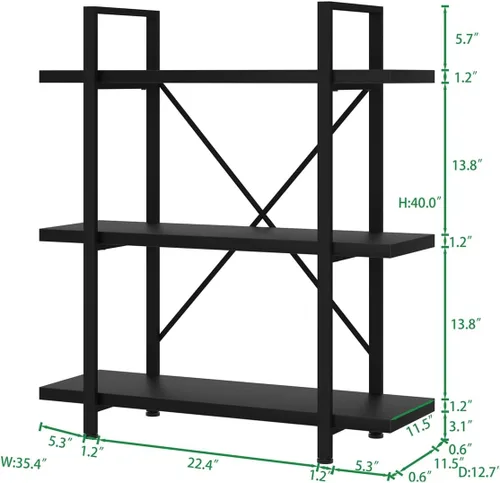 Miniatura 2 de HSH - Estantería de 3 niveles en negro, estanterías de almacenamiento pequeñas de metal y madera industriales, estanterías modernas abiertas de 3