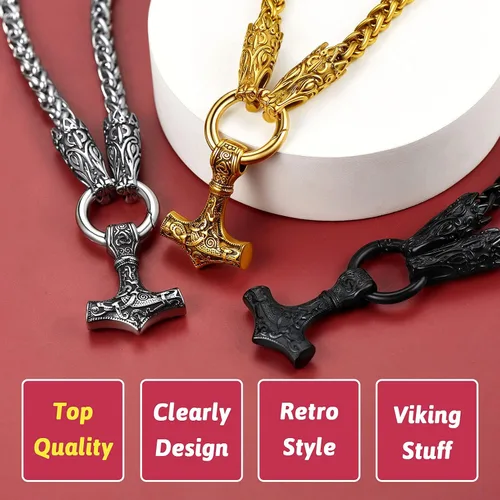 Miniatura 6 de FaithHeart Collar punk nórdico vikingo para hombre collar grueso acero inoxidable Mjolnirnudo celta cabeza de lobo colgante de amuleto joyería