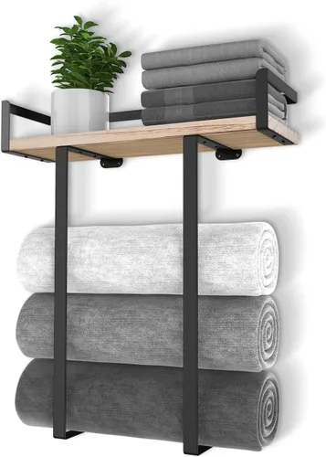 Xstydes Toalleros para Baño Montados en la Pared, Porta Toallas de Metal con Estante de Madera para Toallas Grandes Plegables, Almacenamiento de