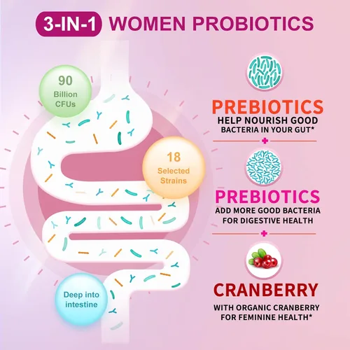 Miniatura 3 de OMOGS 2 probióticos para mujer, con extracto de arándano, prebióticos orgánicos y vitamina C, 90 mil millones de UFC, 18 cepas, ayudan a aumentar
