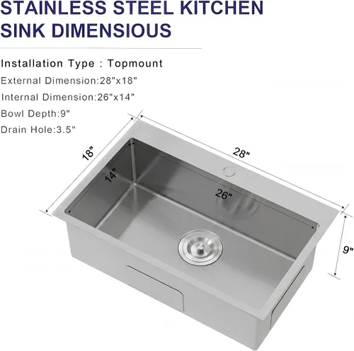 Miniatura 3 de VAPSINT Fregadero Fregadero de cocina de 28 pulgadas, fregadero de cocina de acero inoxidable T304 de calibre 16 de 28 x 18 pulgadas, 9 pulgadas