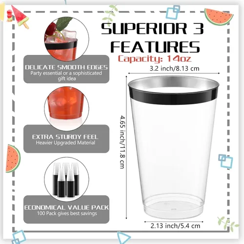 Miniatura 2 de Zubebe 100 vasos de plástico con borde de 14 onzas, vasos de vino desechables transparentes duros con borde, elegantes vasos de cóctel desechables
