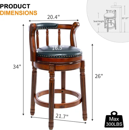 Miniatura 3 de RAINMOOD Juego de 2 taburetes de bar, taburete tapizado de cuero de grano completo, silla de bar negra con respaldo, patas de madera maciza