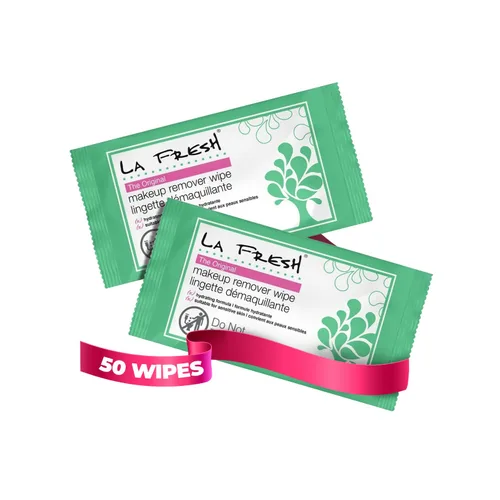 LA Fresh Toallitas desmaquillantes con vitamina E – Removedor de maquillaje para cara, ojos, labios – Esenciales de viaje facial – Caja de 50