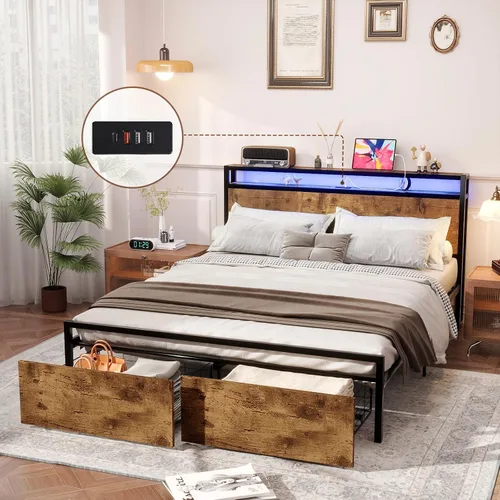 Miniatura 16 de Kiivakii Estructura de cama tamaño completo con cabecero, cama plataforma LED con 4 cajones de almacenamiento, estación de carga integrada, sin Negro