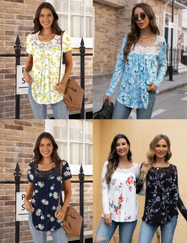 Miniatura 5 de BISHUIGE Blusa de manga corta para mujer, estilo casual, holgada, con panel de encaje, plisada