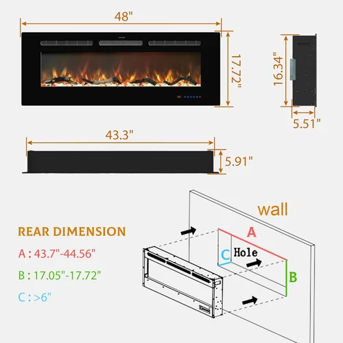 Miniatura 6 de Insertos de chimenea eléctrica de 48 pulgadas, chimenea eléctrica empotrada y de pared, chimenea lineal con termostato, pantalla táctil y control
